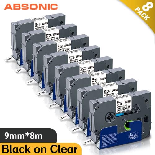 Absonic 8PCS Tz121 Black on Clear Laminated Compatible for Brothe Ptouch 9mm tze-121 tz-121 tze121 Label Tape Cassette Cartridge
