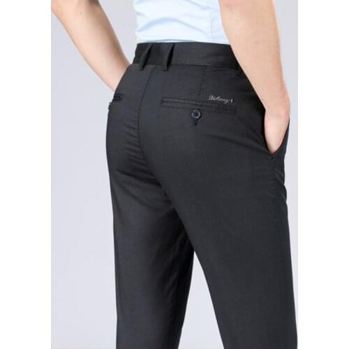 5 Colors Classic Style Mens High Waist Comfort Waist Flat Front Pant Summer Thin Tencel Fabric Straight Stretch Trouser Black