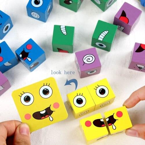 Montessori Childrens Educational Building Blocks High Quality Wood Blocks for Kids Expression Face Matching Blocks Friends Toys