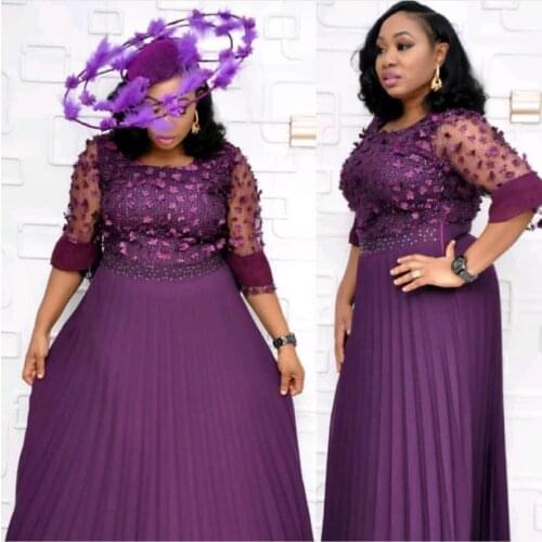 Long African Dresses For Women Africa Clothing African Design Bazin Lace Pleated Three-dimensional flower Glitter Dashiki Dress