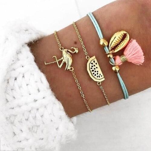 3 Pcs/Set Gold Color Bird Tassel Charm Bracelets Set For Women Multilayer Shell Watermelon Beads Chain Link Bracelet Jewelry