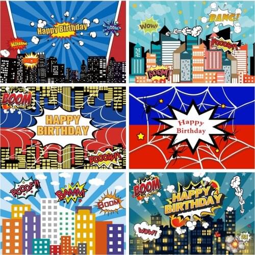 Laeacco Birthday Backdrops Superhero Spider Web Comic Buildings Boom Custom Baby Shower Photography Backgrounds For Photo Studio