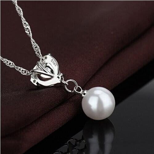 Fashion 925 Sterling Silver Chain Double Pearls Necklace Cubic Zirconia Crystal Necklaces for Women Girl Wedding Jewelry