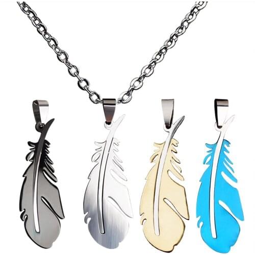 JUCHAO Fashion Men Women Charm Stainless Steel Feather Pendant Necklace Jewelry Chains Classic Gothic Statement Necklace