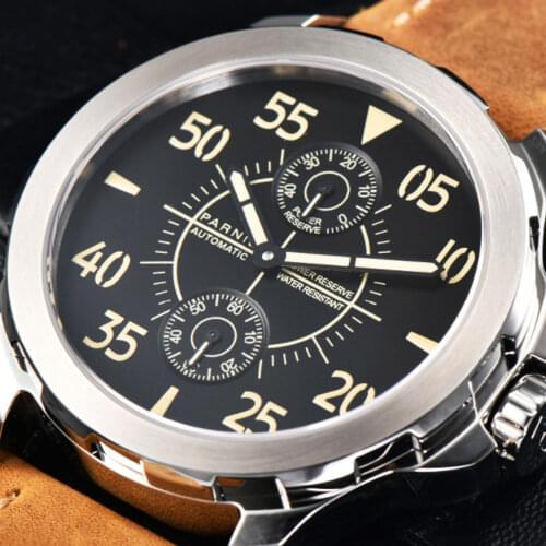 44mm Parnis Black Dial SS Case Leather strap Men Mechanical Wrist Watch Power Reserve Automatic mechanical mens Watch