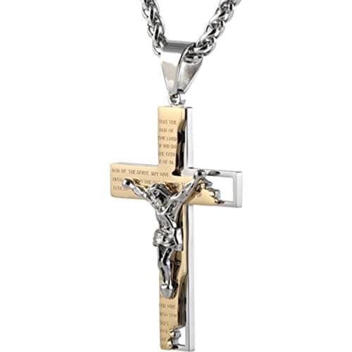 HZMAN Mens Stainless Steel Cross Crucifix Bible Prayer Pendant Necklace 22+2" Chain