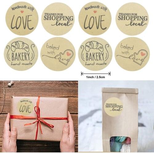 500PCS 2.5cm Kraft Paper Sticker Handmade with Love DIY Gift Sealing Label Decoration Stationery Stickers