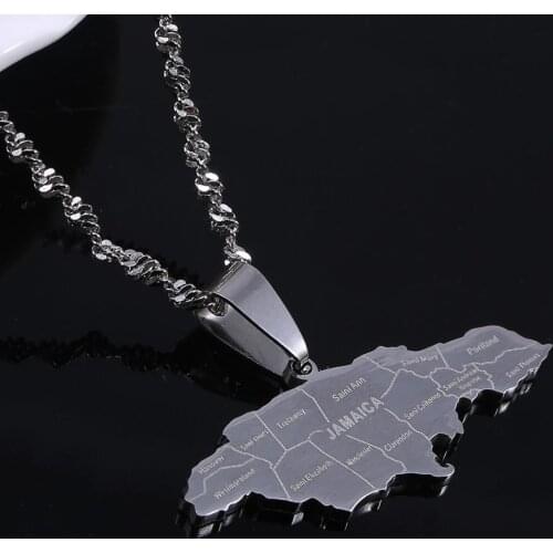Stainless Steel Silver Color Jamaica Pendant Necklaces Fashion Jamaican Flag Map Chain Jewelry