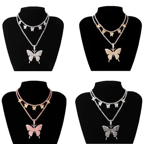 2020 Iced Out Cuban Link Chain Butterfly Choker Necklace 2 Layered Bling Tennis Chain Crystal Necklaces for Women Jewelry