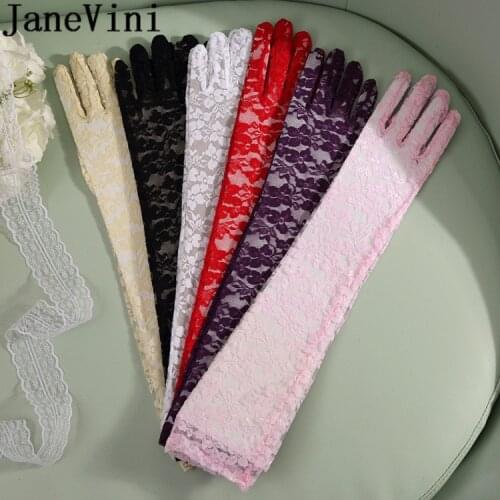 JaneVini Sexy Sheer Gloved Bridal Gloves Lace 50cm Long Bride Gloves Full Finger 19.6'' Wedding Purple Black Women Evening Glove