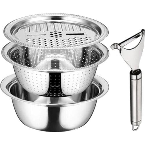 Stainless Steel Drain Tray Grater Mixing Bowl Basin Set with Vegetable Cutter Chopper Peeler 5-Quart (Set of 4)
