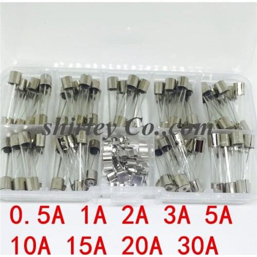 72Pcs/lot 6*30mm Quick Blow Glass Tube Fuse Assorted Kit Fast Blow Glass Fuses 0.5A 1A 2A 3A 5A 10A 15A 20A 30A 250V (0.5A-30A)