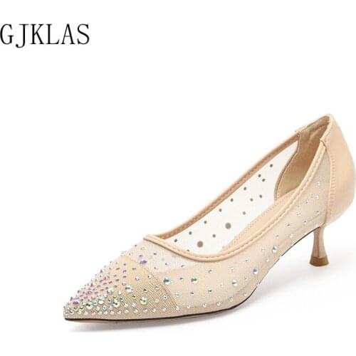Pumps Women Shoes High Heel Pointed Toe Heels Fashion Crystal Mesh Shoes Women Breathable Stiletto Heels Wedding Shoes Bride