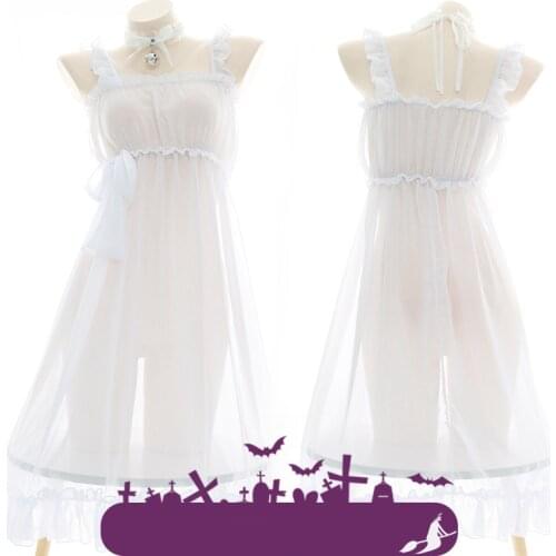 Japanese Sexy Semi-permeable Chiffon Pajamas Girls Solid White Sweet Bowknot Sleeveless Private Nightdress Cosplay Maid Dress