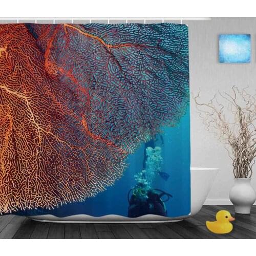 Bright Coral Diver With Bubbles Bathroom Shower Curtain Sea Creatures Shower Curtains Waterproof Mildew Polyester With Hooks