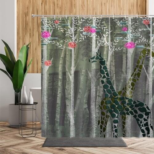 Hand Painted Pattern Animal Bathroom Shower Curtain Giraffe Forest Rose Flower Home Decors Waterproof Creative Bath Curtains Set