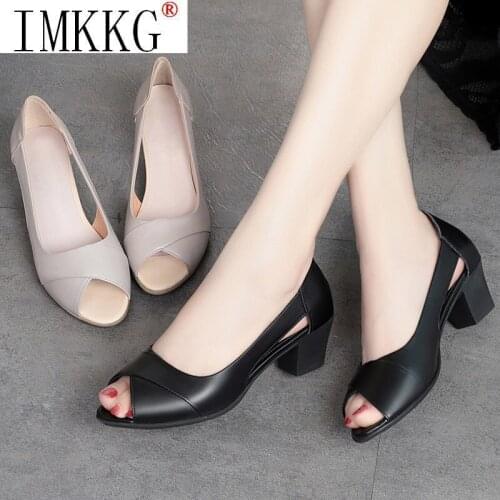 2021 Summer Women Dress Shoes Peep Toe Office Work Shoes Medium Heels Pumps Open Toe Woman Sandals Black Zapatos Mujer