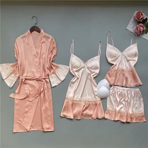 M-XL Sweet Flare Sleeve Lady Robe Gown Sets Sexy V-Neck 4PCS Rayon Sleep Suit Nightgown Kimono Bathrobe& Shorts Spring Home Wear