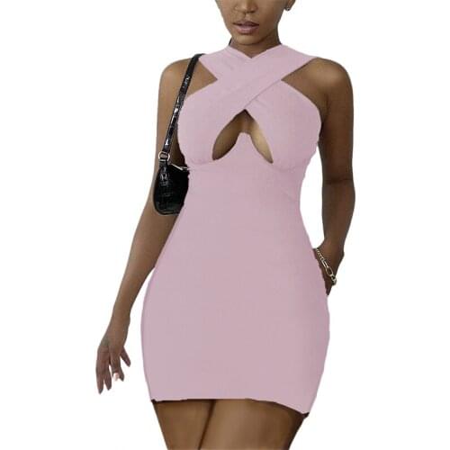 2021 New Women Solid Color Wrapped Dress Sleeveless Cross Bandage Tight Cutout Sexy Slimming Summer Midi Dress Brown/White/Pink