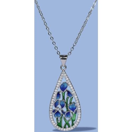 925 Silver Womens Necklace Fashion Blue Flower Ladies Pendant Handmade Enamel Jewelry Wedding Accessories Pendant Necklace