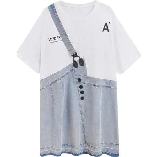 Women fake two piece dress korean fashion letter print denim patchwork high street mini dress