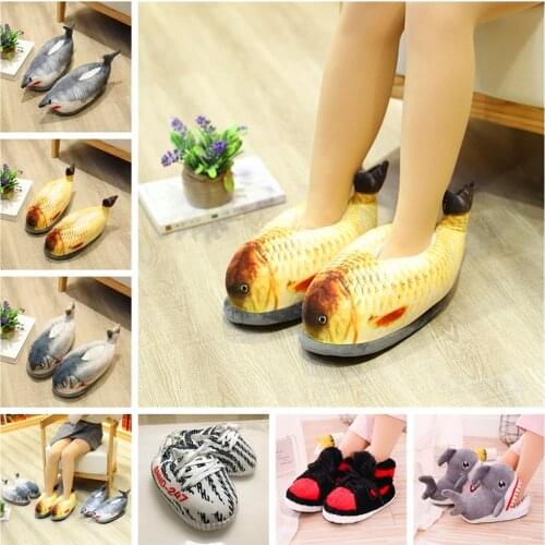 Winter furry slippers ladies shark slippers cute cartoon animal slippers warm indoor slippers men women couple shoes slippers 45