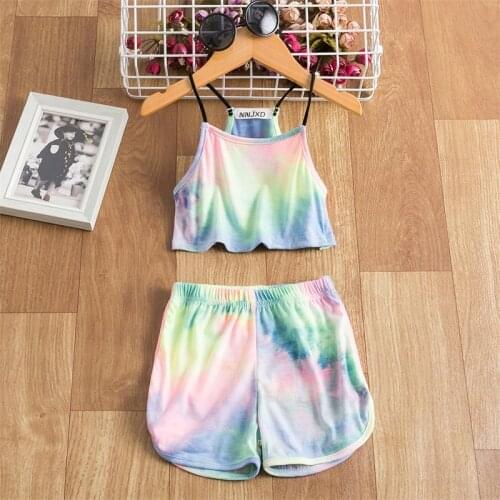 2021 Summer Girl Clothes Sets 2 Pieces Tie-Dye Gradient Rainbow Cami Crop Top Shorts Tracksuit 2pcs Sport Style Girls Clothing