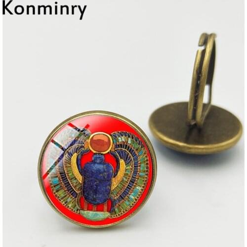 Konminry Antique Egyptian Scarab Beetle Glass Cabochon Rings Silver Color Handmade Women Men Jewelry