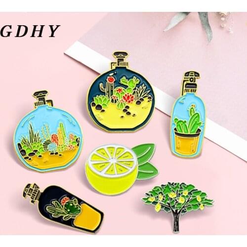 GDHY Cute Yellow Lemon Cactus Plant Brooch Lemon tree Fruit Botany Potted Perfume bottle Enamel Pins badge Brooches Jewelry Kids