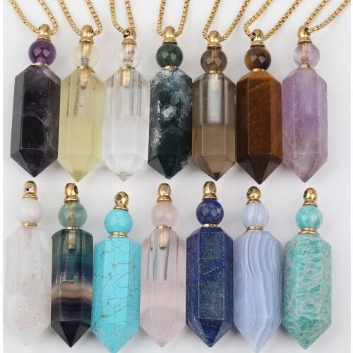 Fashion Women Natural Rainbow Fluorite Stone Perfume Bottle Gold Stainless Steel Chains Pendant Necklace Jewelry SA-36JBCJ