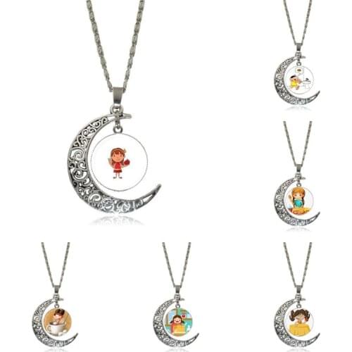 EJ Glaze Glass Pendant Necklace Handmade Half Moon Pendant Necklace For Women Men Cute Girl Eat Breakfast Logo