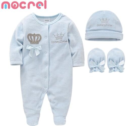 Newborn Baby Boys Girl Rompers with Hat Gloves Long Sleeve Cartoon Crown Velvet Infant Jumpsuit Overalls Toddler One sies Outfit