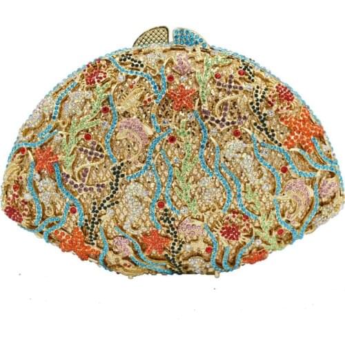 Colorful Marine animal pattern Tote bags for women Metal Rhine stone Chain Shoulder Handbag A515