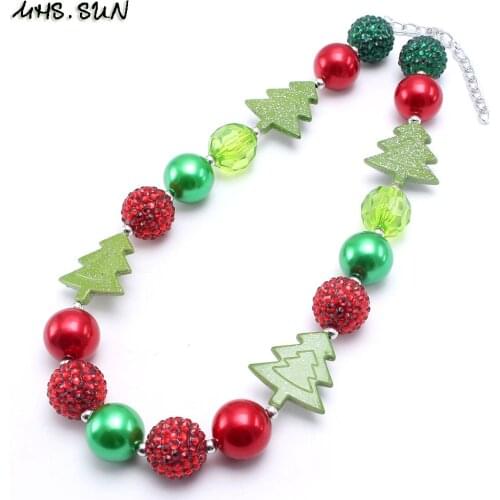 MHS.SUN Christmas Style Girls Beads Chunky Necklace Festival Tree Green/Red Bubblegum Beads Chunky Necklace For Kids Child Baby