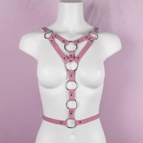 Trendy Pink O-Ring Harajuku Neck to Waist Sling Suspenders Sword Belt Chest Harness Bondage Size Adjustable Dress Accessories