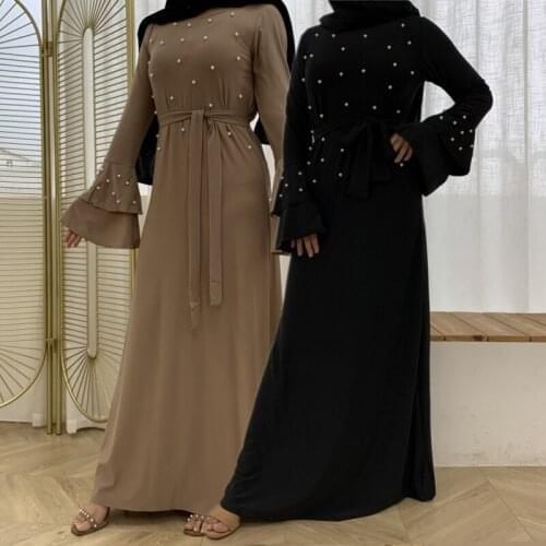 Muslim Woman Temperament Dress Round Neck Long-sleeved Dress Kaftan Beaded Dress Dubai Multi-layer Flared Sleeve Dresses Abaya