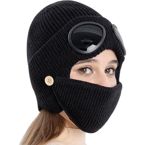 New Winter Men Ear Flaps Beanie Hat with Glasses Cap Knitted Women Adult Unisex Casual Beanie Ladies Outdoors Watch Bonnet