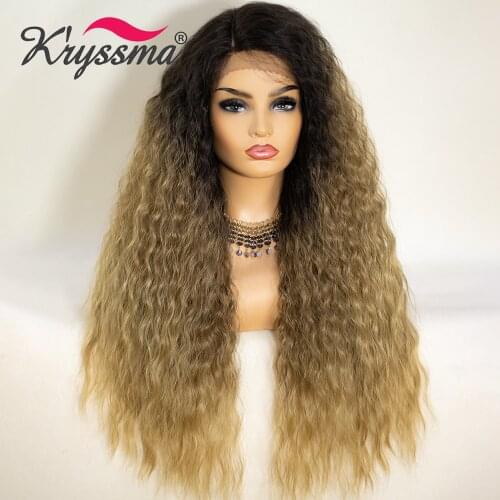 Kryssma L Part Lace Ombre Blonde Lace Wigs Long Curly Synthetic Wigs Mixed Black Wigs For Women Loose Curly Wig African American