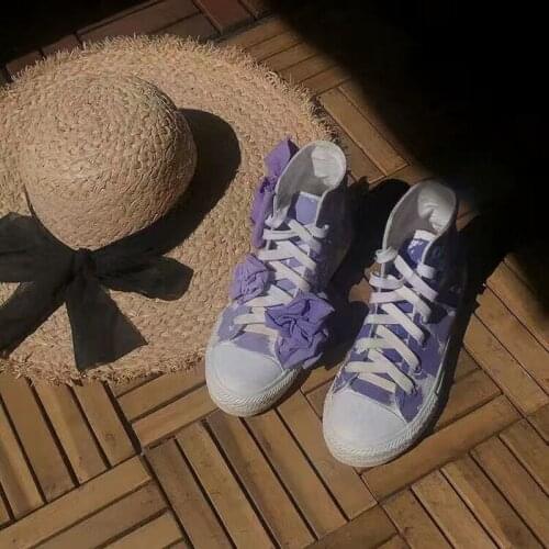 French Niche Designer Hand-painted Canvas Shoes Female High School Students Casual Purple Flower Lavender Graffiti Canvas Shoes