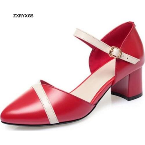 Promotion 2021 New Summer Spell Colors Pointed Toe Genuine Leather Sandals Thick Heel Shoes Fashion Sandals Women Sandal Shoes