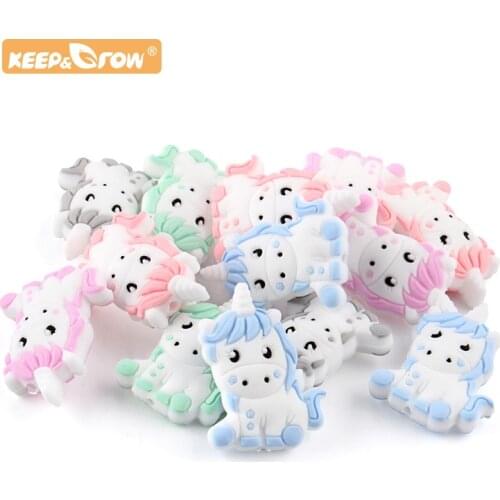 Keep&Grow 5pcs Cartoon Cute Baby Unicorn Silicone Teething Beads Molar Period Pacifier Chain Toys Newborn Oral Chewing Products