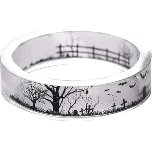 Halloween Jewelry with Handmade Resin Ring Ink Tree and Bird and Crow Inside Epoxy Resin Punk Ring for Women