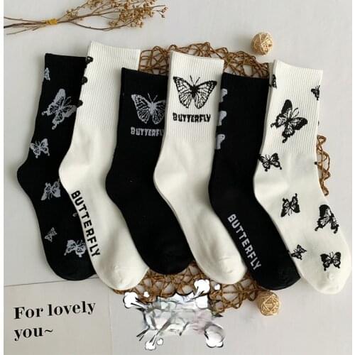 Spring and summer socks female ins tide net red butterfly print middle tube pile pile socks cute women socks