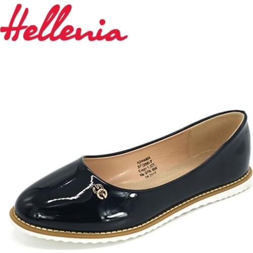 Hellenia women shoes fashion casual flats loafers soft patent pu leather tiny buckle decoration spring slip-on shoe woman navy