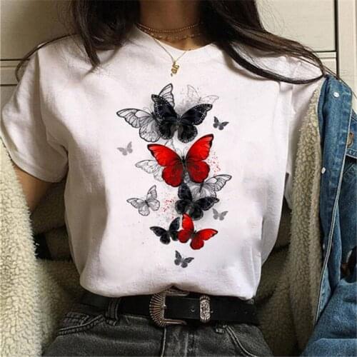 Women Plus Size Harajuku Tops Summer Tops Graphic Tees Women Flying Black and Red Butterflies T-shirt Clothes Girl T Shirt