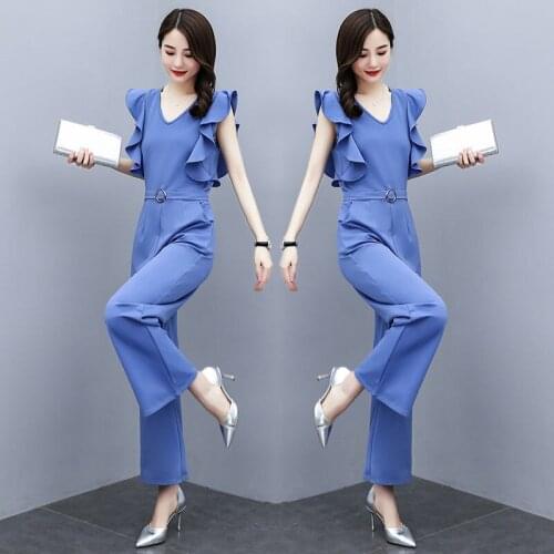 Women Elegance Wide Leg Lucky Label Jumpsuit Summer Clothse 2021 New Ruffles Crop Top V-Neck Slim Fashion Bodysuit Party Rompers