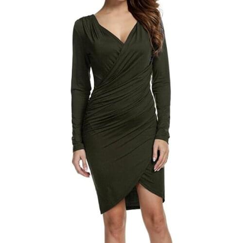 Women Fashion Casual Deep V Collar Pleated Decoration Tight Hip Autumn Winter Long Sleeves Bottoming Dresses