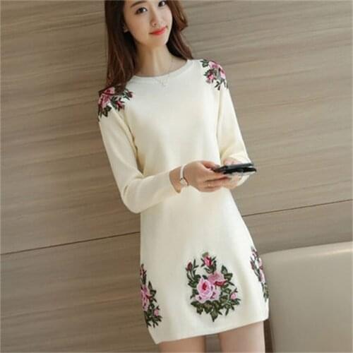 Spring and Autumn winter sweet female dress embroidered round neck long-sleeved loose knit temperament dress