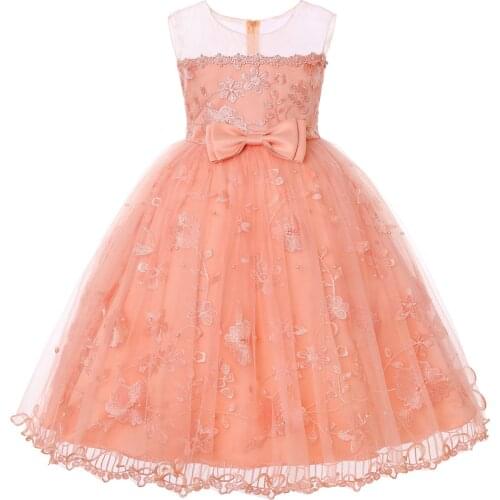 Flower Lace Bowknot Openwork Mesh Tutu Dress Pearl Embroidered Kids Clothing Sleeveless Elegent Girls Dresses for Children Costu
