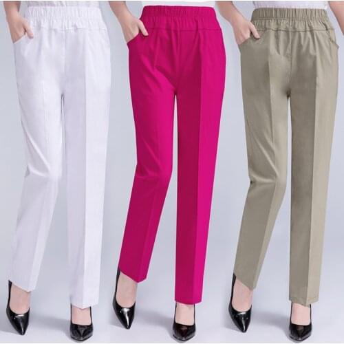 Spring Summer Women Thin Elastic Waist Casual Straight Pants pantalones mujer Female Solid Color Trousers Plus Size Clothing